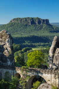 View over the Bastei Bridge to the Lilienstein, Elbe Sandstone Mountains, Saxon Switzerland National Park, Saxony, Germany View over the Bastei Bridge to the Lilienstein, Elbe Sandstone Mountains, Saxon Switzerland National Park, Saxony, Germany